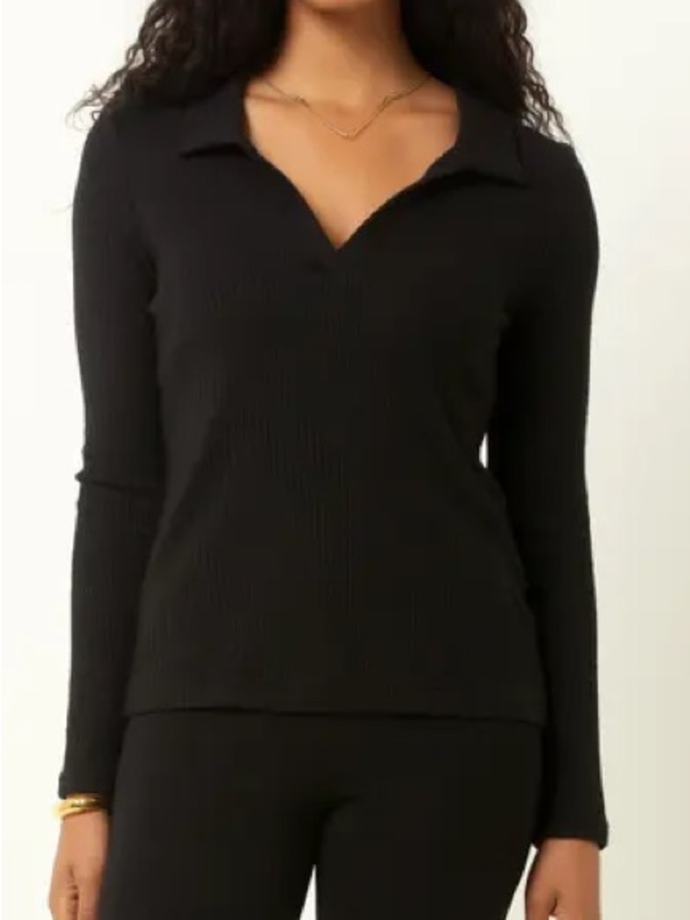 Calvin Klein Ribbed Knit Sweater Women L Black Collared V Neck Long Sleeve Chic